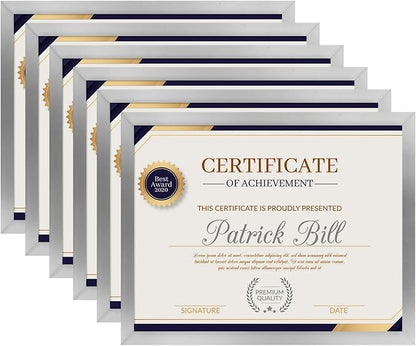 8.5x11 Picture Frame Set of 6, Certificate Document Frame, Diploma Frame, Display Pictures 6x8 with Mat or 8.5x11 Without Mat,Silver