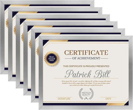 8.5x11 Picture Frame Set of 6, Certificate Document Frame, Diploma Frame, Display Pictures 6x8 with Mat or 8.5x11 Without Mat,Silver