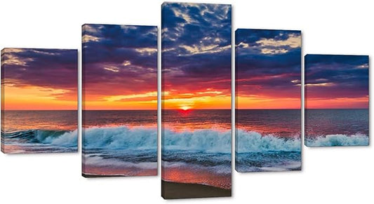 Beaches Wall Art 5 Piece Set Sunset Poster Ocean Scenic Nature Photography Pictures HD Print on Canvas Modern Home Office Decor for Living Room Bedroom Bathroom Wall Decoration Framed Ready to Hang - 60"W x 32"H