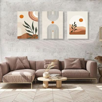 Boho Wall Art Set of 3, MidCentury Modern Wall Prints Framed Canvas Paintings Minimalist Abstract Geometric Beige Orange Moon Plant Desert Nature Illustrations Artwork, Boho Wall Decor Ready To Hang
