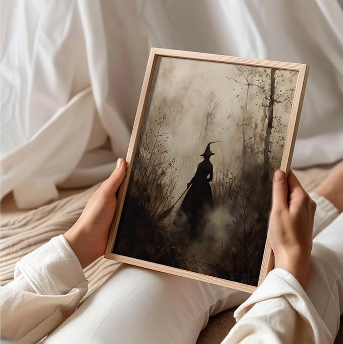 uniro Vintage Witch Halloween Wall Art Prints, Moody Witch in The Forest Pictures for Halloween Wall Decor, Spooky Witchy Canvas Oil Painting, Dark Academia Decor Aesthetic Posters for Bedeoom, Gothic Home Dcor for Gallery, Living Room, Bathroom (8x10i...