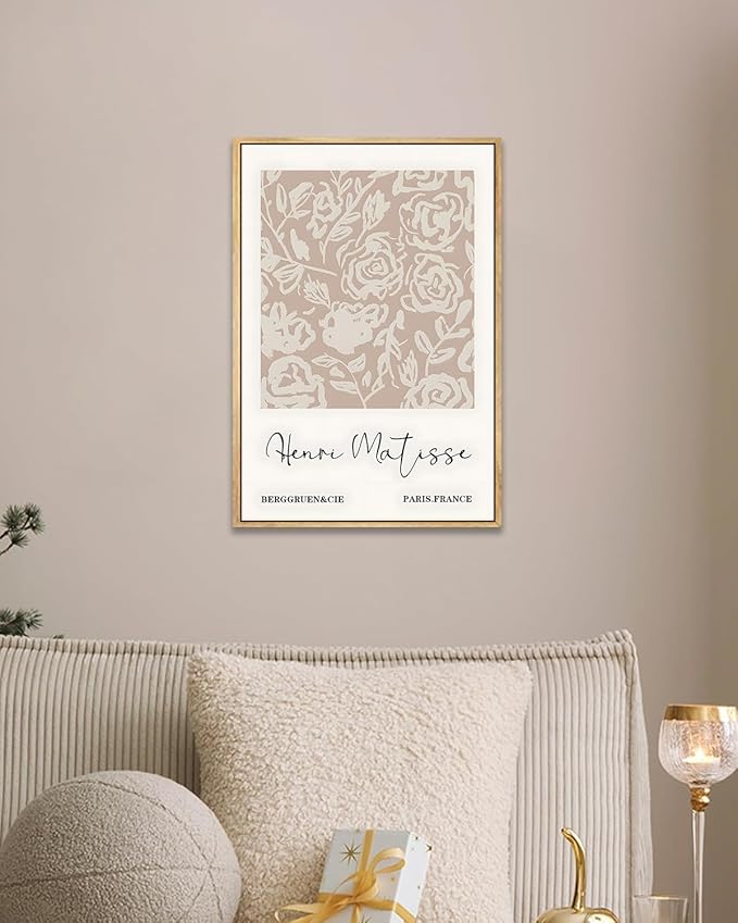 Zzuyi Framed Matisse Neutral Wall Art,Beige Abstract Floral Matisse Canvas Wall Decor,Abstract Modern Minimalist Prints for Bathroom, Living Room, Dining Room 16x24in