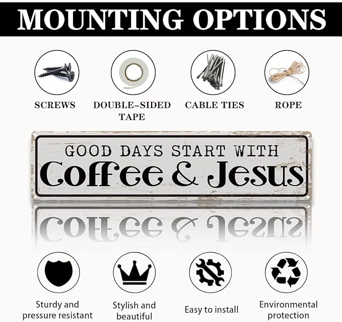 Coffee Signs for Coffees Station Decor, Good Days Start with Coffee & Jesus, Vintage Metal Tin Sign for Home Kitchen Garage Cafe Decor, Coffees Lover Gifts, Decorative Metal Wall Signs 15.8x4 Inches