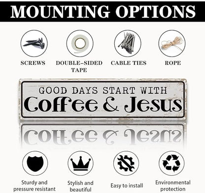 Coffee Signs for Coffees Station Decor, Good Days Start with Coffee & Jesus, Vintage Metal Tin Sign for Home Kitchen Garage Cafe Decor, Coffees Lover Gifts, Decorative Metal Wall Signs 15.8x4 Inches