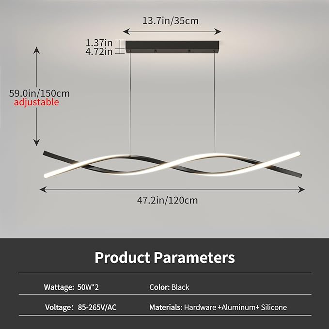 Modern LED Ceiling Pendant Light, 47IN Modern Chandelier with Remote Control 3000k-6500K Adjustable Color Temperature, Aluminum Island Lighting Lamp for Dining Room, Living Room, Island