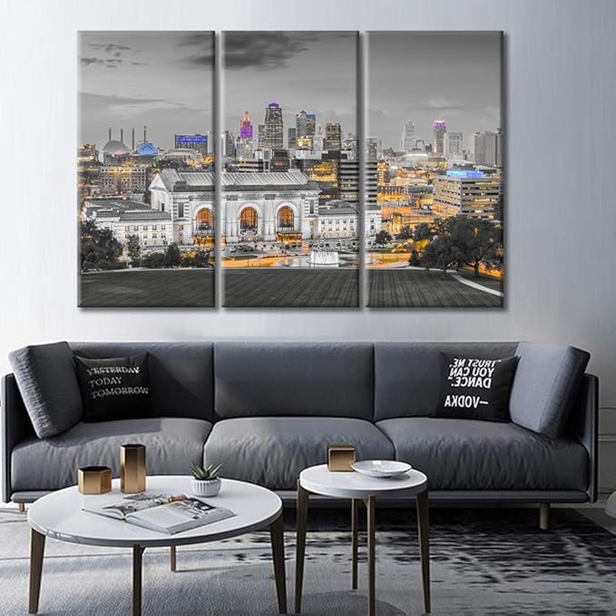 3 Pieces Kansas City Missouri Skyline Wall Decor for Living Room American Cityscape Artwork Wall Decor for Bedroom Giclee Wooden Framed Gallery-Wrapped Ready to Hang (60" Wx40 H)