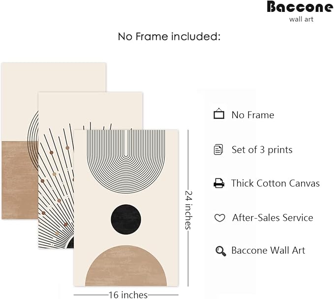 Mid Century Modern Wall Art Set of 3 Neutral Boho Art Prints Abstract Geometric Wall Art Picture Black Beige Minimalist Painting Canvas Artwork for Living Room Bedroom 16x24 Inch UNFRAMED