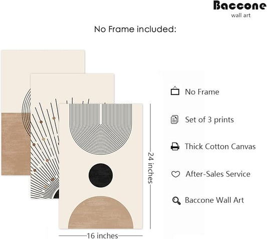Mid Century Modern Wall Art Set of 3 Neutral Boho Art Prints Abstract Geometric Wall Art Picture Black Beige Minimalist Painting Canvas Artwork for Living Room Bedroom 16x24 Inch UNFRAMED