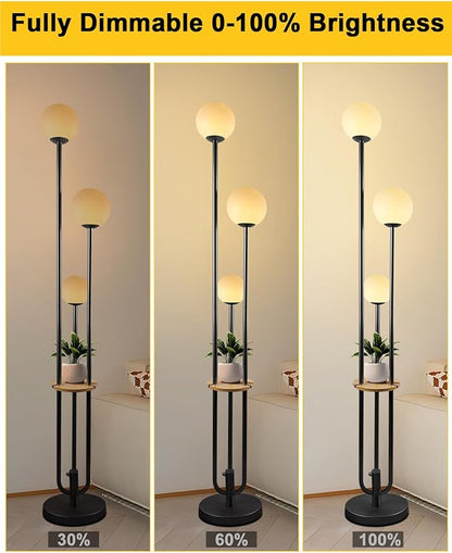 63IN Black Floor Lamp with Shelf Mid Century Modern Tall Standing Lamps with 3000K Warm White Bulb Included Dimmable Globe Floor Lamp with 5Lbs Heavy Base for Living Room/Bedroom/Home Decor