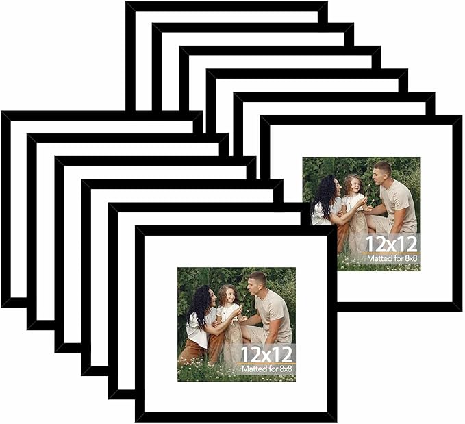 JCJMY 12 Pack 12x12 Picture Frame with 8x8 Mat, Display 8x8 with Mat or 12x12 Without Mat, 12 by 12 Frames Bulk Set of 12 Collage Gallery Wall Decor Photo Frames Set for Wall, Black