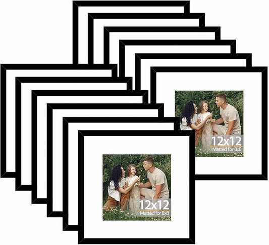 JCJMY 12 Pack 12x12 Picture Frame with 8x8 Mat, Display 8x8 with Mat or 12x12 Without Mat, 12 by 12 Frames Bulk Set of 12 Collage Gallery Wall Decor Photo Frames Set for Wall, Black