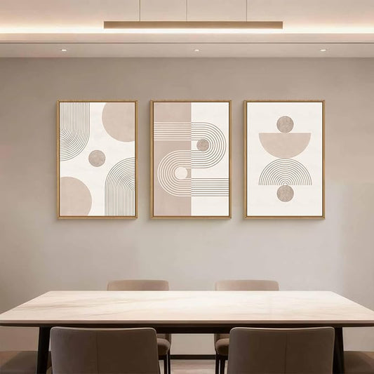 HPINUB Boho Abstract Framed Canvas Wall Art Set, Beige Mid Century Wall Decor, Neutral Geometric Minimalist Line Artwork for Living Room, Bedroom, Dining Room, Office, Bathroom - 24"x36"x3