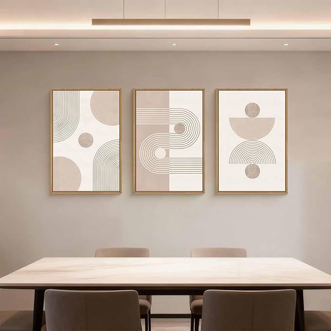 HPINUB Boho Abstract Framed Canvas Wall Art Set, Beige Mid Century Wall Decor, Neutral Geometric Minimalist Line Artwork for Living Room, Bedroom, Dining Room, Office, Bathroom - 16"x24"x3