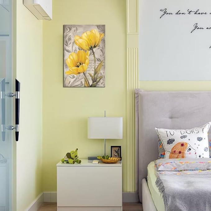 Wall HDQ Yellow Tulip Wall Art for Bathroom Office Home Decor Flowers Pictures Canvas Prints Framed Ready to Hang