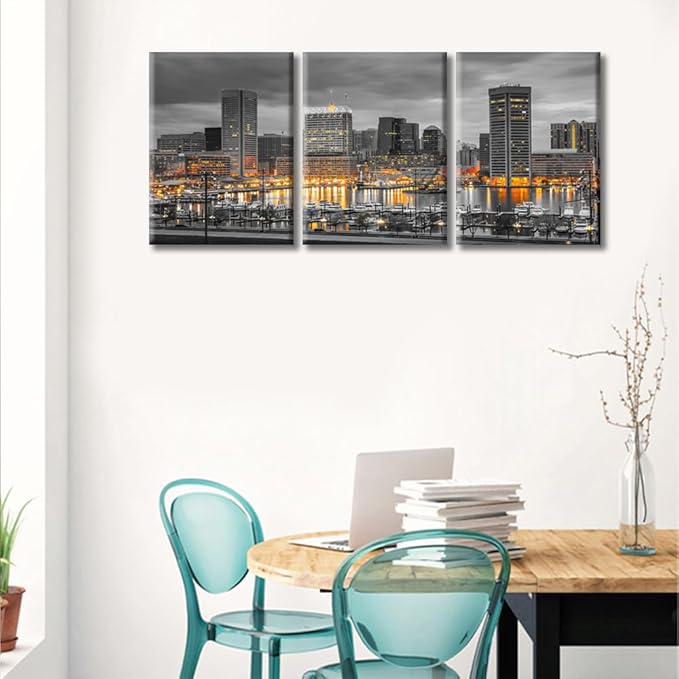 TUMOVO Baltimore City Skyline Canvas Wall Art 3 Panel American Cityscape Pictures Black and White Wall Art Beautiful Cityscape Modern Artwork Wall Decor Framed Ready to Hang (36" Wx16 H)