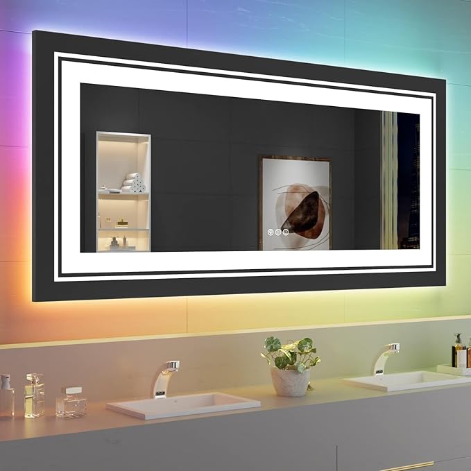 Snowdool LED Mirror for Bathroom, 60"X28" with 8 RGB Backlit +3 Front Lit (Adjustable Individually), Anti-Fog, Large Lighted Bathroom Vanity Mirror for Wall,Shatterproof,Memory Function,Tempered Glass