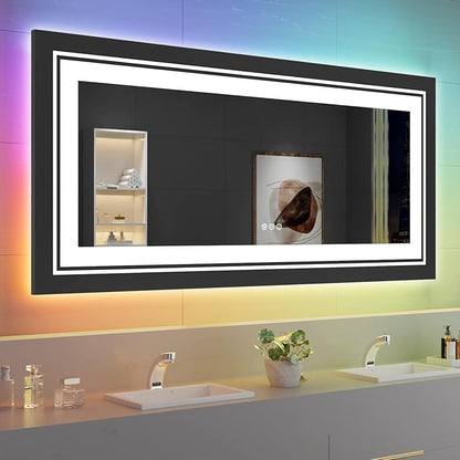 Snowdool LED Mirror for Bathroom, 60"X28" with 8 RGB Backlit +3 Front Lit (Adjustable Individually), Anti-Fog, Large Lighted Bathroom Vanity Mirror for Wall,Shatterproof,Memory Function,Tempered Glass