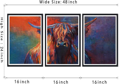 Abstract Highland Cow Framed Canvas Wall Art Colorful Cow Portrait Picture Wall Decor for Farmhouse Animals Print Artwork for Country House Office Nursery Decoration Easy to Hand 16x24inchx3pcs
