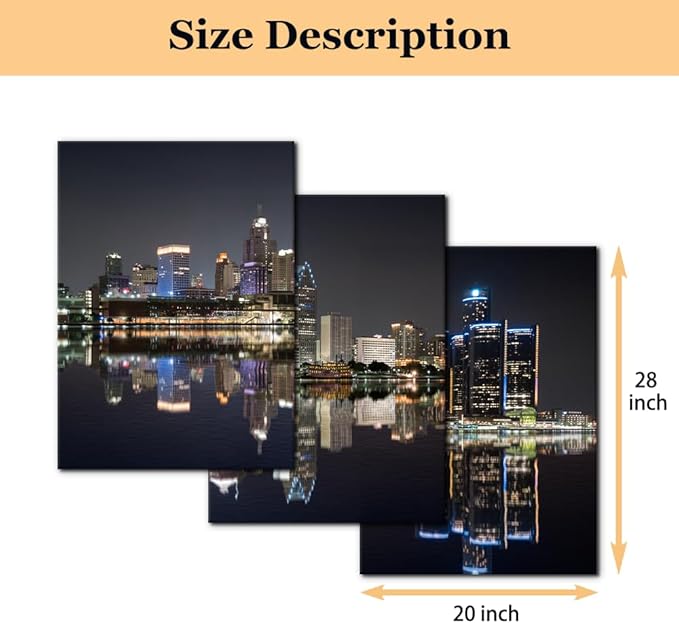 Pacimo 3 Pieces Panoramic Detroit Cityscape Picture Black and White Michigan Night Skyline Canvas Art Prints Wall Decoration for Bedroom Office Stretched and Framed Ready to Hang - 20"x28"x3 Panels