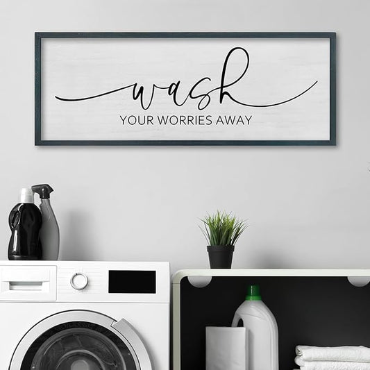 FZMHASLWW Funny Laundry Room Bathroom Wall Decor Wash Your Worries Away Sign 32"×12" Inspirational Quote Art for above the Bathtub Restroom Large Minimalist Wood Framed Hanging Plaqu (Black)
