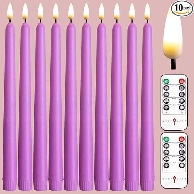 NONNO & ZGF 10 Pack Purple Flameless 11'' Wax Covered Taper Candles with 2 Remote, Use 2-AA Battery (Not Included, Runs 200 Hours)