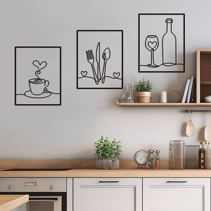 3 Pieces Metal Minimalist Line Kitchen Signs Wall Decor Drawing, Rustic Kitchen Art Wall Decor for Kitchen Dining Living Room Home, 14.2 x 11 Inches (Love)