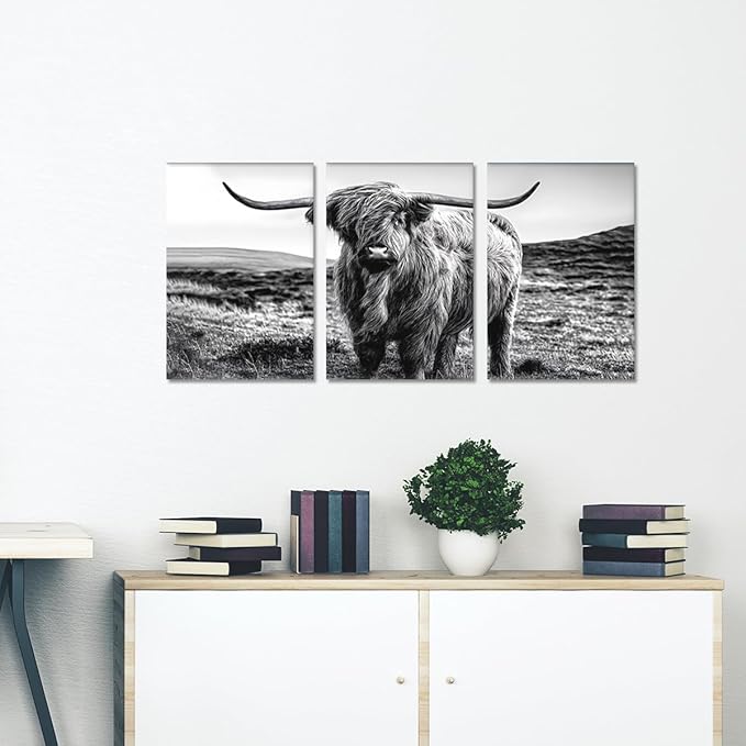 Yatsen Bridge Vintage Highland Cow Canvas Wall Art Black and White Hairy Cow Poster Farmhouse Animal Rustic Art Wall Decor for Apartment Living Room Bedroom Country House Decor 12x16inchx3pcs