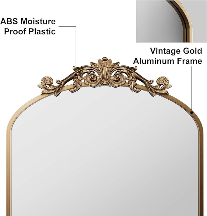 Traditional Vintage Gold Mirror, Antique Arched Mirror, Bronze Decor Wall Mirrors, Large Baroque Mirror with Aluminum Frame, Ornate Mirrors for Bathroom, Living Room, Fireplace (30"x22")