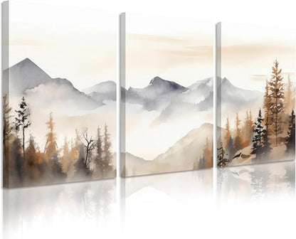 Neutral Mountain Wall Art Decor Set of 3 Forest Canvas Wall Art Poster Landscape Wall Art Artwork Modern Pictures Abstract Painting Watercolor Prints for Living Room Bedroom 12x16 Inch Wrapped Canvas