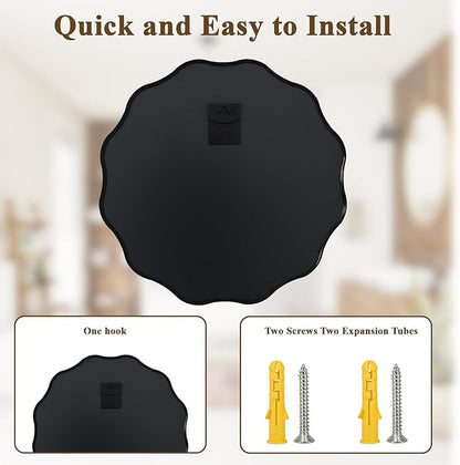 VooBang Black Scalloped Circle Mirror, 20" Wavy Edge Round Wall Mirror with Tempered Glass Textured Circular Metal Deep Frame, Hanging Leaning for Bathroom, Hallway, Entryway, Livng Room