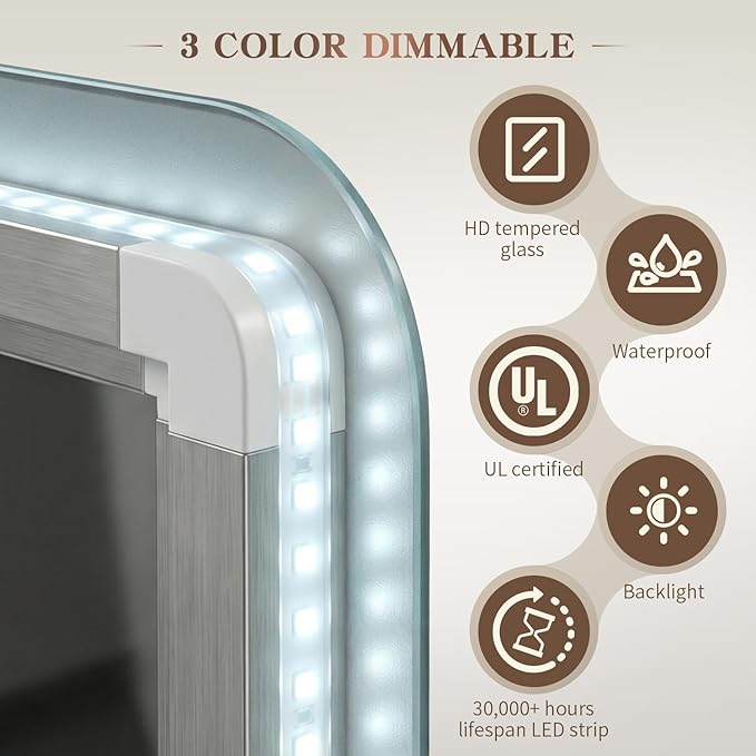 EOGOW LED Bathroom Mirror with Lights,48"x30" Backlit LED Mirror for Bathrooms with Anti-Fog,Dimmable,3 Colors Bathroom Mirror, Wall Mounted Horizontal/Vertical Vanity Mirrors,Tempered Glass