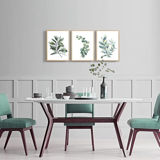 Framed Canvas Wall Art For Living Room Wall Decor For Bedroom Green Leaves Plants Watercolor Painting Office Wall Pictures Kitchen Wall Decorations Bathroom Decor Set Of 3 Piece Framed Art Prints