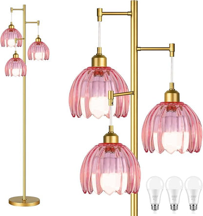 AHDWDW Gold Floor Lamp for Living Room Bedroom,3 Lights Vintage Tree Floor Lamps with Pink Glass Flower Shade,Mid Century Modern Floor Lamp for Corner Office,68IN Unique Tall Standing Lamp with Bulb
