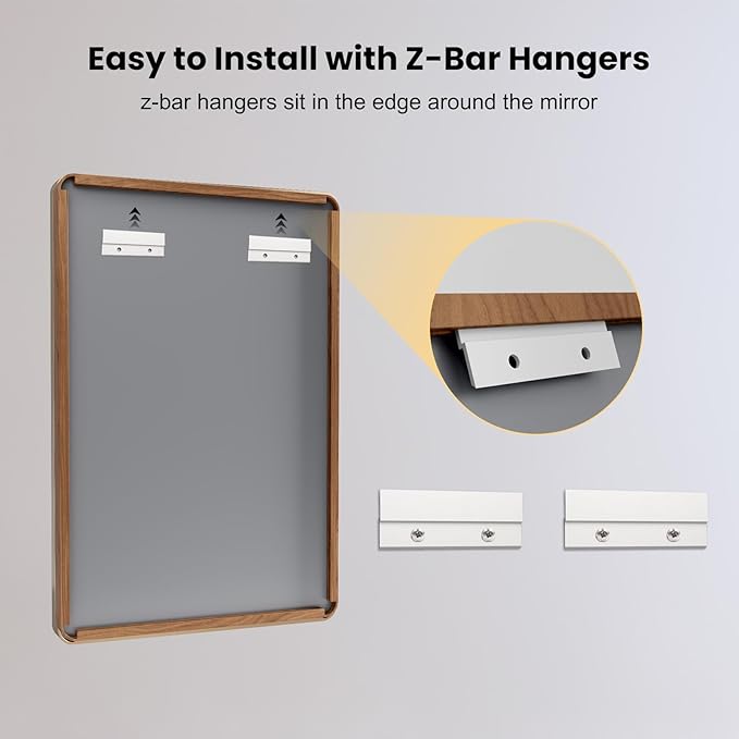 LOAAO 38X38 Inch Bathroom Mirror with Wood Grain Colored Metal Frame, Rounded Rectangle Metal Framed Bathroom Mirror, Anti-Rust, Hangs Horizontally or Vertically, Tempered Glass