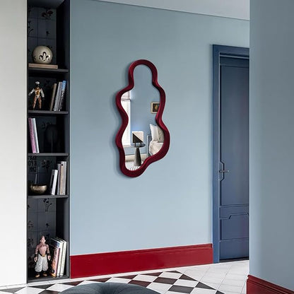 Mirror Wall Decor for Vintage Living Room Bedroom, 13.8x29.7 Asymmetrical Decorative Mirror for Entryway Porch Staircase, Retro Modern Hanging Wall Art Gift for Christmas Wedding (Wine Red)