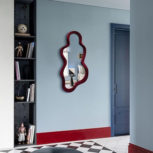 Mirror Wall Decor for Vintage Living Room Bedroom, 13.8x29.7 Asymmetrical Decorative Mirror for Entryway Porch Staircase, Retro Modern Hanging Wall Art Gift for Christmas Wedding (Wine Red)