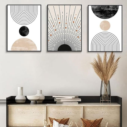LOARTVE 3Pcs Beige Boho Wall Art Mid Century Modern Wall Decor Pictures Neutral Abstract Geometric Line Minimalist Canvas Posters Prints for Living Room Bedroom Office Home Decoration Unframed