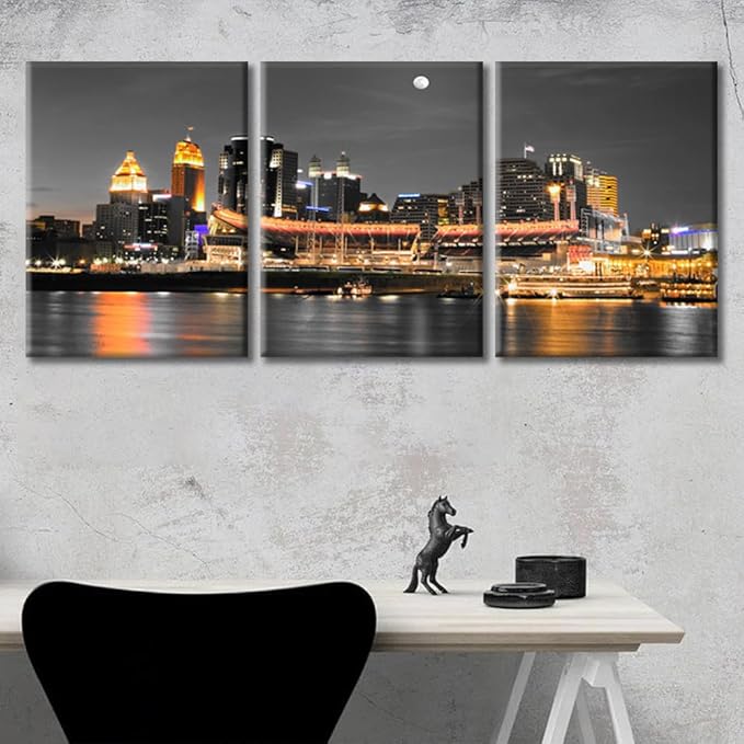 Cincinnati Ohio City Skyline Modern Home Decor American Cityscape Pictures Wall Art for Bedroom, Living Room, Office. 3 Panels Skyscrapers House Decor Ready to Hang (36" Wx16 H)