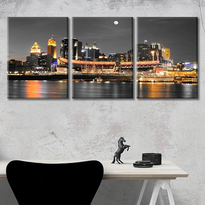 Cincinnati Ohio City Skyline Modern Home Decor American Cityscape Pictures Wall Art for Bedroom, Living Room, Office. 3 Panels Skyscrapers House Decor Ready to Hang (36" Wx16 H)