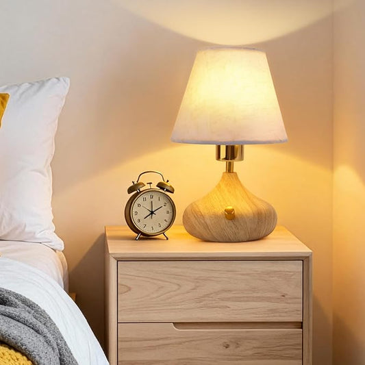 Nightstand Table Lamp with Knob Switch,Seamless Dimming, Wood Base & Fabric Shade, E26 Bulb Included, Compact Bedside Lamp for Bedroom, Living Room, Office