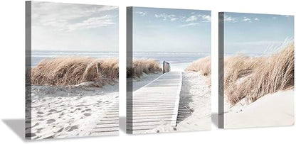 Hardy Gallery Coastal Beach Canvas Wall Art: Pathway to Shoreline Artwork Painting on Canvas for Office or Bedroom (16'' x 12'' x 3 Panels)