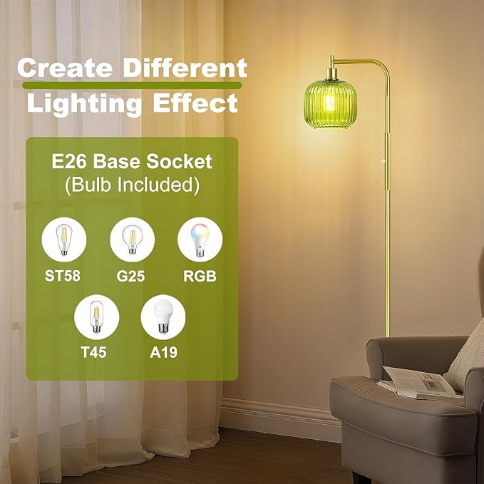 Vinaco Glass Arc Floor Lamps for Living Room, Brused Gold Floor Lamp with Ribbed Glass Shade, Dimmable Tall Lamps with Rotary Switch, Modern Standing Lamp with Bulb Included for Bedroom, Study Room