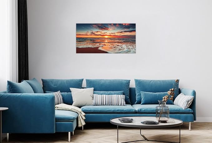 TutuBeer 1 Panel Picture of the Beach Ocean Pictures Blue Sea Beach at Sunrise Art Print on Canvas Sea Wall Decor Ocean Wall Art Seascape Canvas Stretched and Framed 8" x 16"