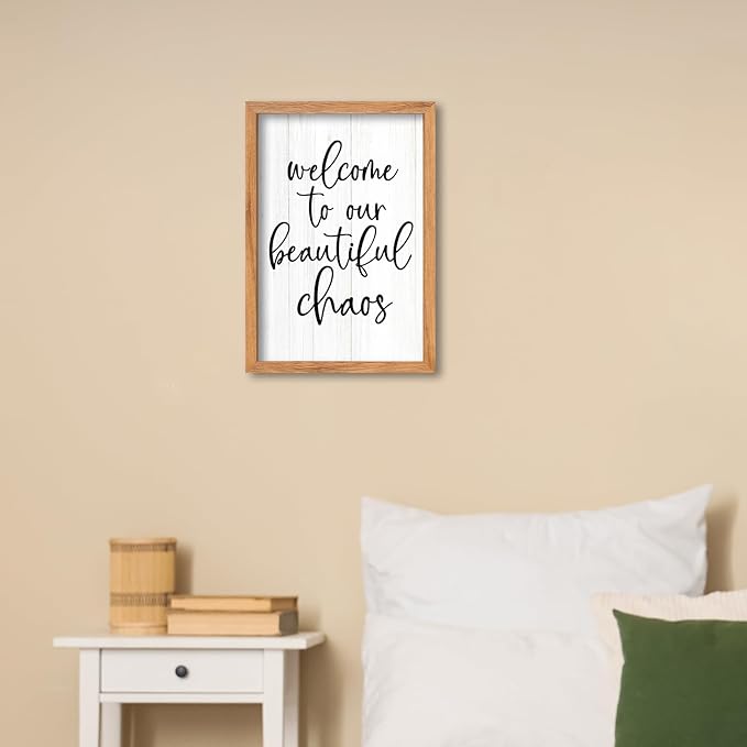 AuraPeak Welcome To Our Beautiful Chaos Sign Home Living Room Wall Decor Modern Family Rustic Farmhouse House Entryway Bedroom Hanging Horizontal Plaque Wall Art (Wood 16"×11")