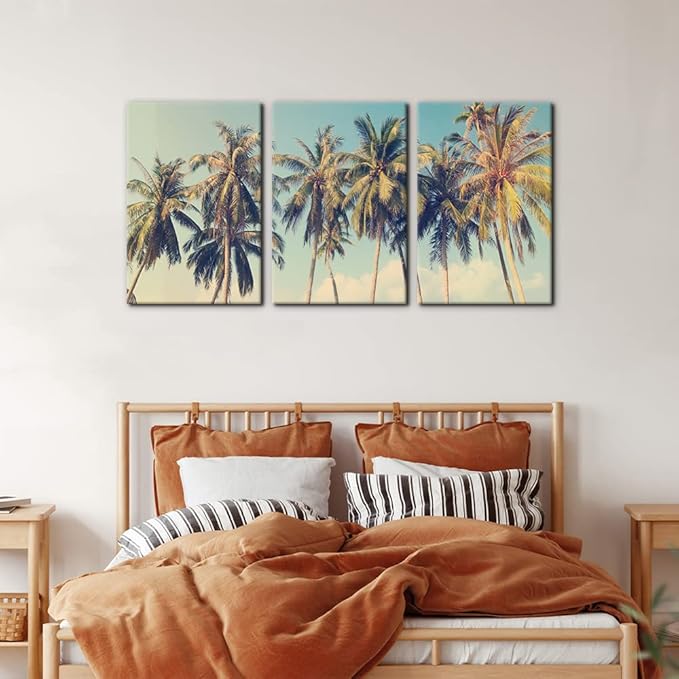 Pacimo Canvas Print Wall Art Set Row of California Palm Trees & Blue Sky Nature Wilderness Photography Realism Chic Scenic Seaside Landscape Pictures Giclee Artwork Stretched Framed - 16"x24"x3 Panels