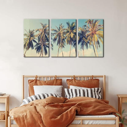 Pacimo Canvas Print Wall Art Set Row of California Palm Trees & Blue Sky Nature Wilderness Photography Realism Chic Scenic Seaside Landscape Pictures Giclee Artwork Stretched Framed - 16"x24"x3 Panels