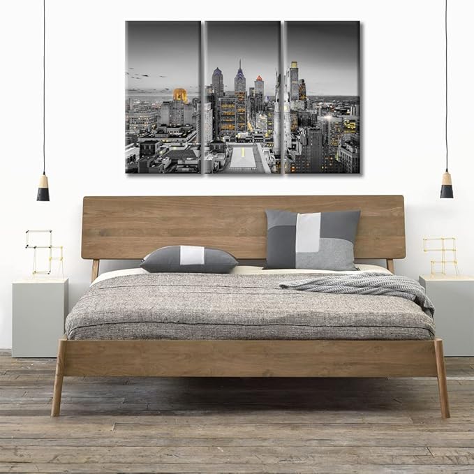TUMOVO Home Decor Philadelphia Pennsylvania City Skyline Pictures Bathroom Decor Wall Art 3 Panel Nighttime Lightscape Contemporary Home Decor Print on Canvas Framed Ready to Hang (36" Wx24 H)