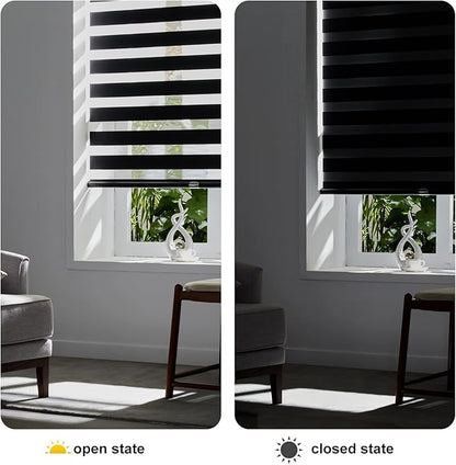 Persilux Cordless Zebra Blinds for Windows Free-Stop Roller Window Shades (35" W X 64" H, Black) Dual Layer Light Control for Day and Night, Light Filtering Sheer Shades for Home, Easy to Install