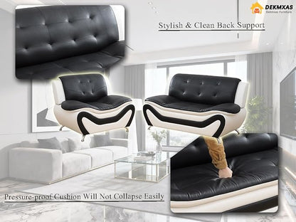 2PCS Living Room Furniture Sets, Faux Leather Sofa Couches, Living Room Black&White Sofa Set, Loveseat and Chair for Bedroom, Apartment