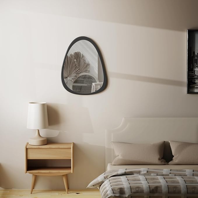 15" X 12" Irregular Wall Mirror, Black Wooden Framed Mirror, Asymmetrical Wall Mirror for Living Room Bedroom Bathroom Entryway, Small Modern Decorative Hanging Hook Style Mirror